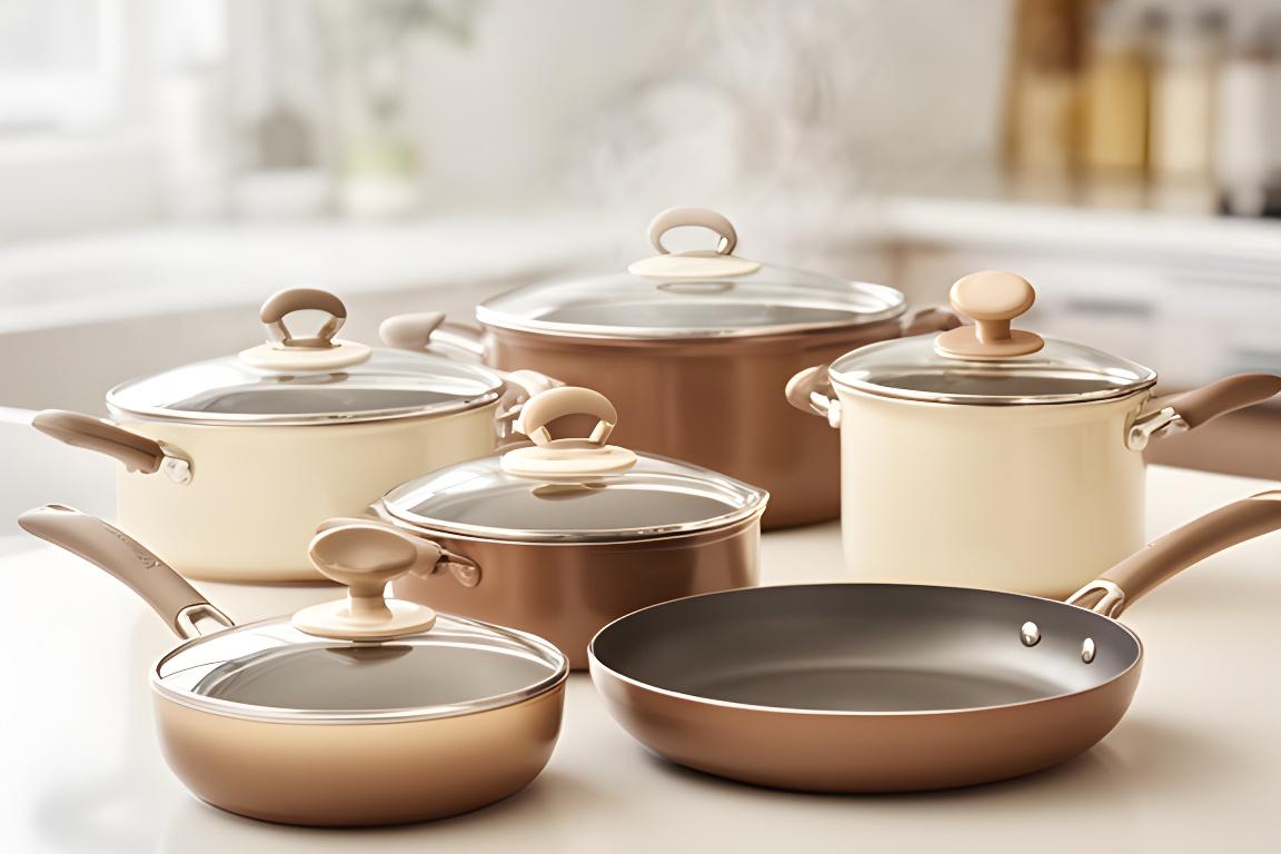 Batería de ollas antiadherentes sobre una mesada luminosa de cocina, con reflejos suaves y detalle cerámico moderno