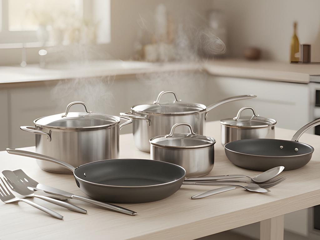 Mesa de cocina con ollas, sartenes y utensilios de acero en una cocina luminosa y ordenada